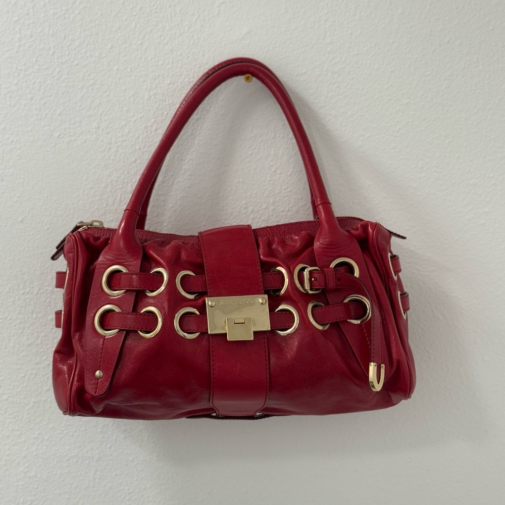 Jimmy Choo Red Leather Shoulder Bag with Gold Accents